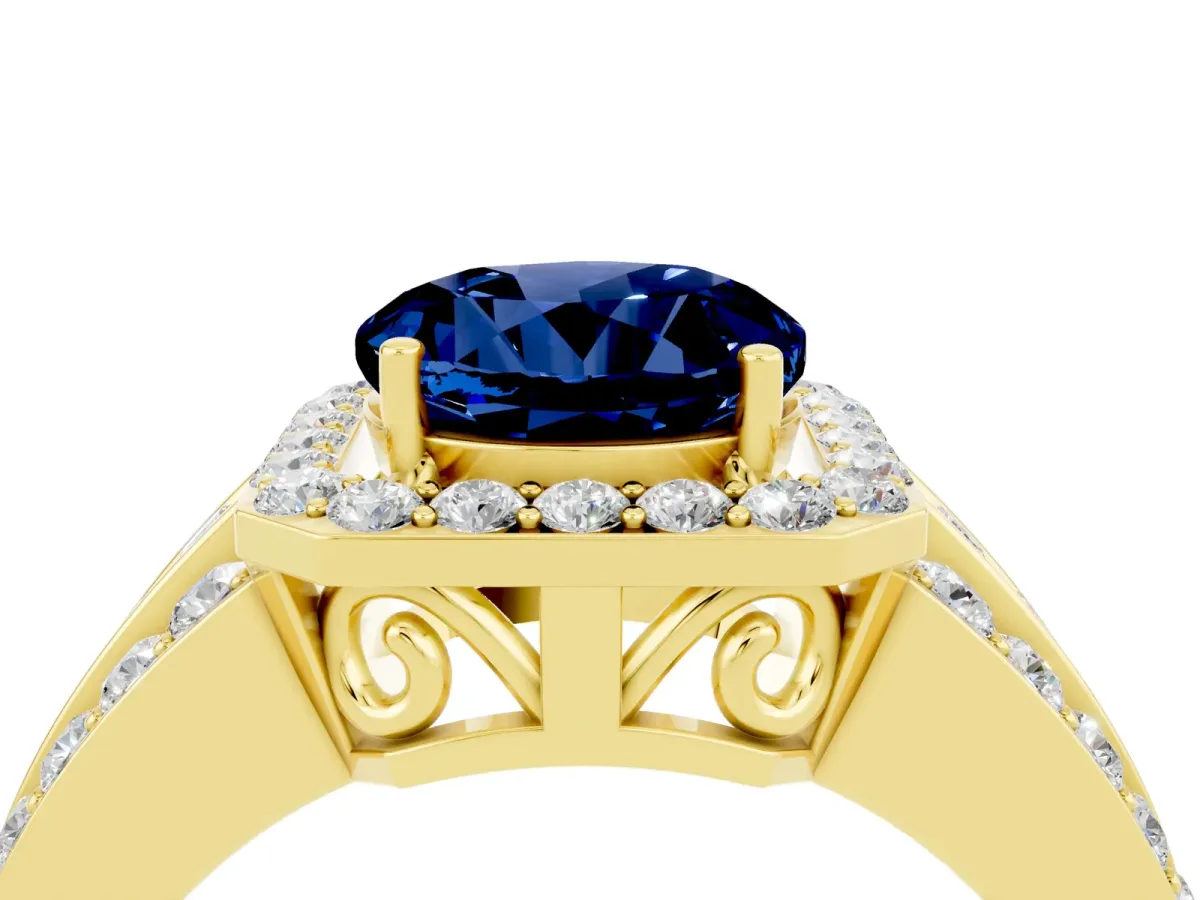 Round Cut Halo Blue Sapphire Ring with Round Split Shank and Prong Setting Yellow gold