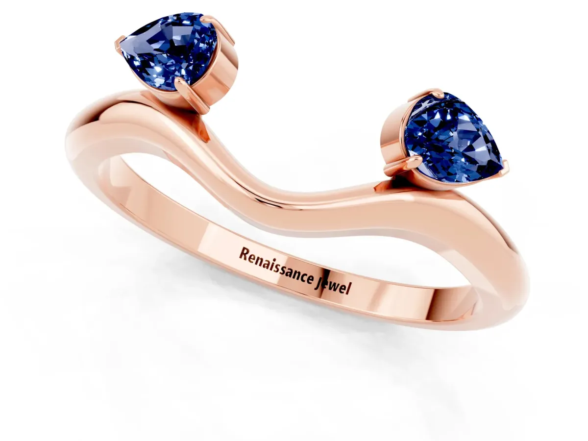 Pear Cut Blue Sapphire Two-Stone Open Band Ring with Prong Setting Rose gold