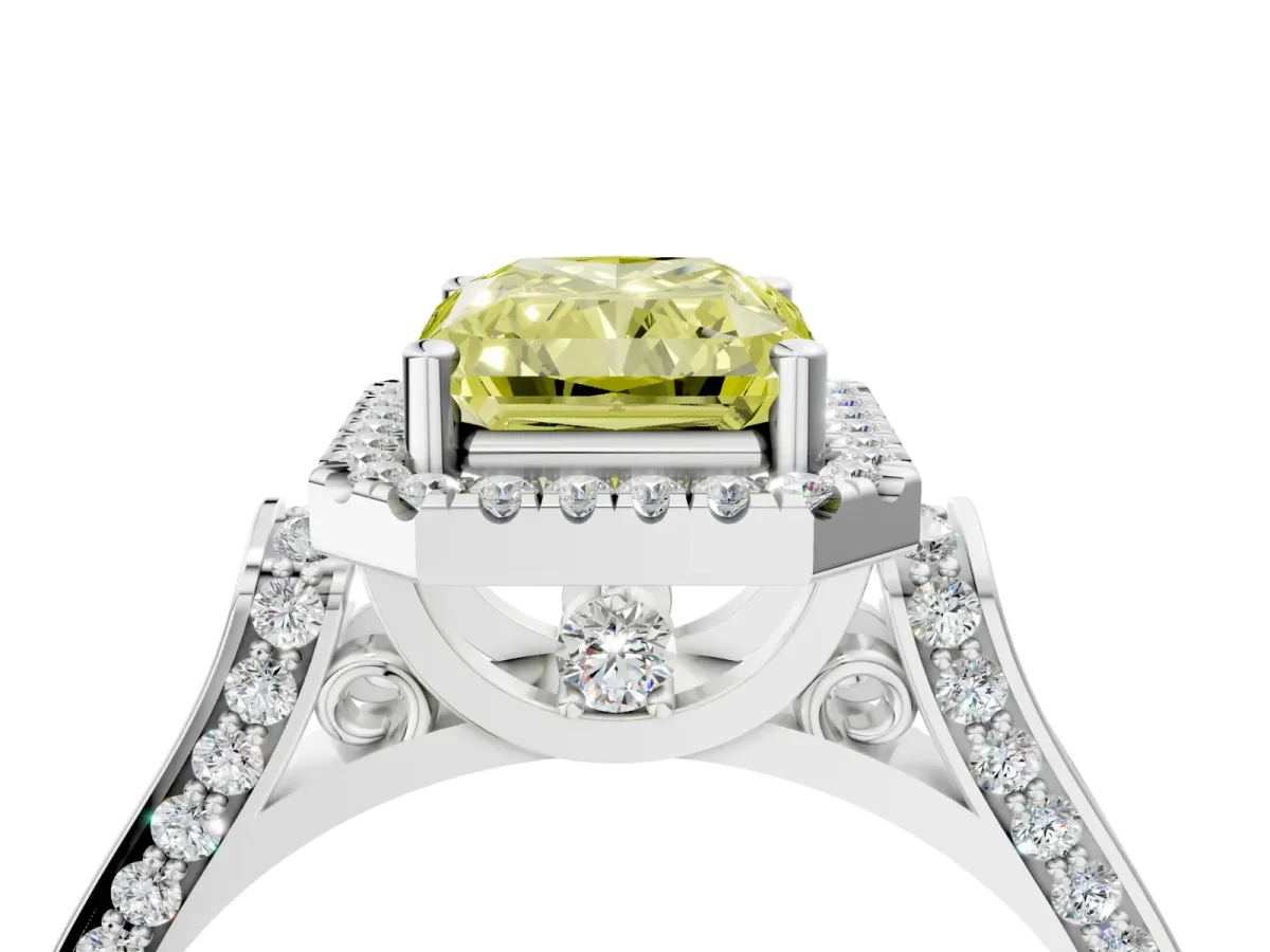 Fancy Yellow Radiant Cut Halo Pave Split Shank Prong Setting Ring Platinum