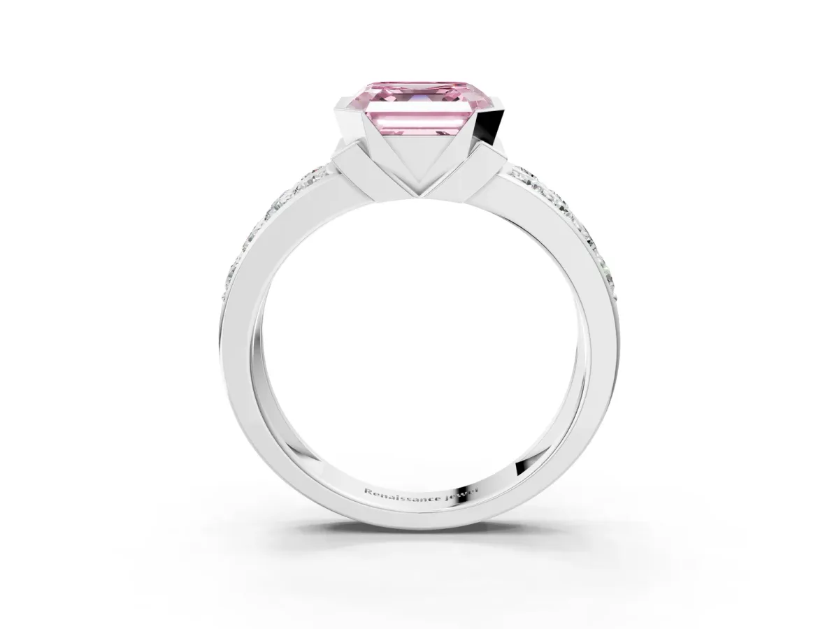 Fancy Pink Asscher Cut Brilliant Diamond Channel Set Wide Band Ring with Bezel Setting Platinum