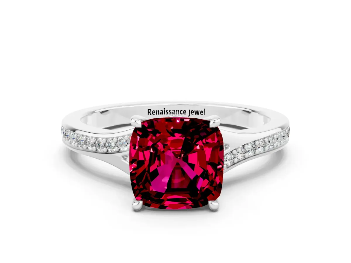 Cushion Cut Garnet Solitaire Ring with Pavé Band and Prong Setting Silver