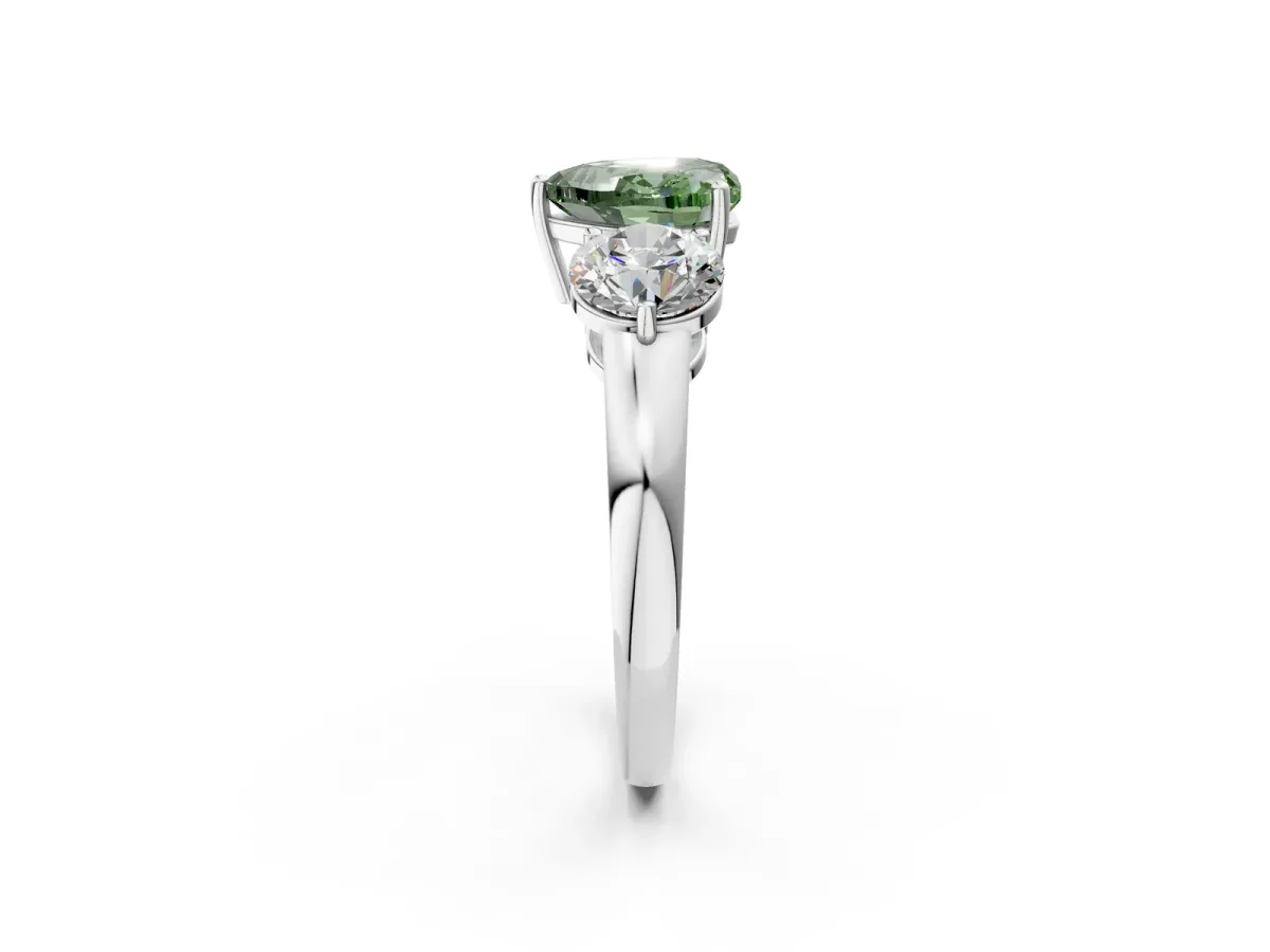 Fancy Green Heart Cut Diamond Three-Stone Ring with Prong Setting and Classic Band Platinum