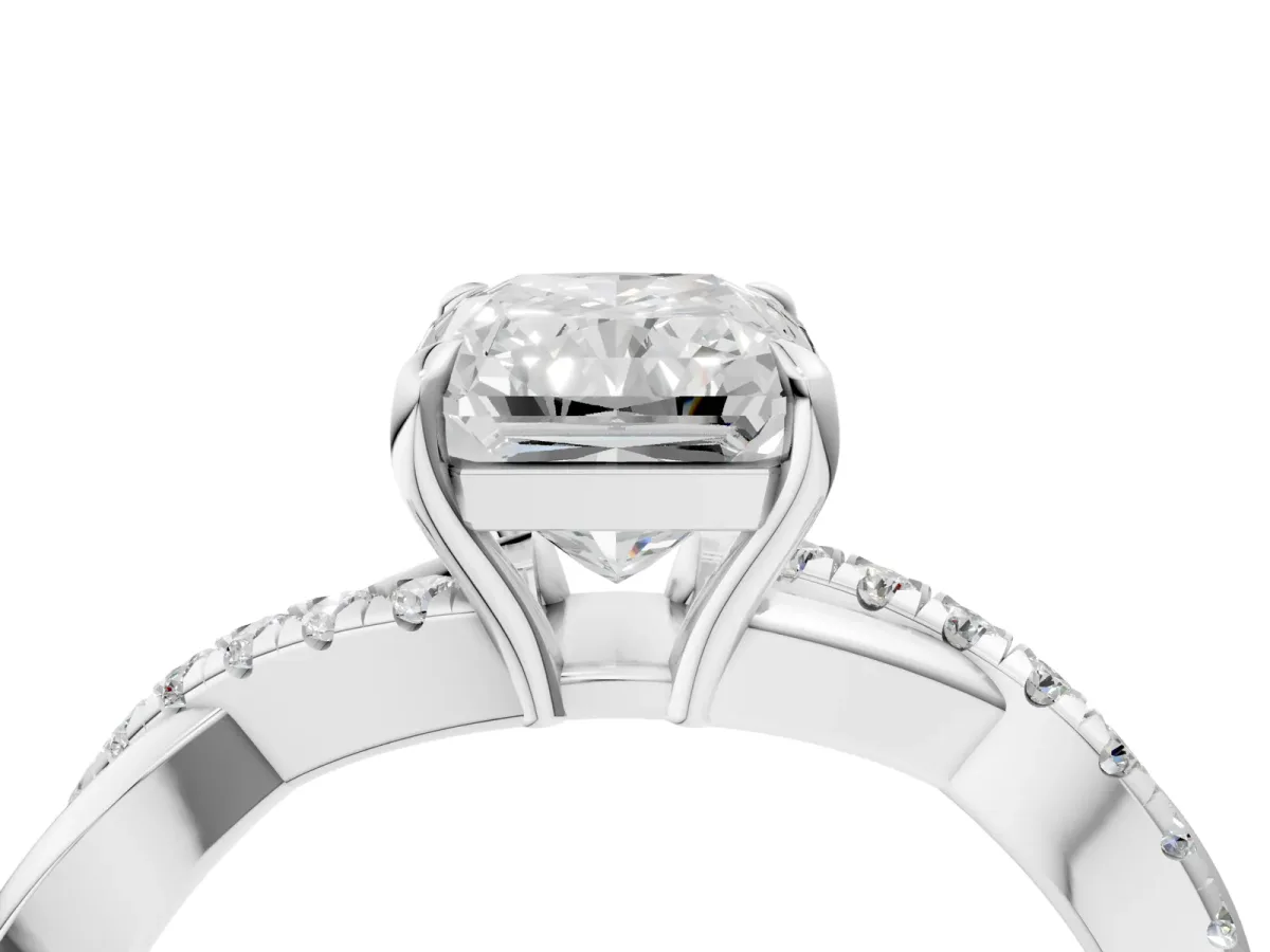 Radiant Cut Cut Diamond Twisted Band with Pavé Setting and Four-Prong Setting Platinum