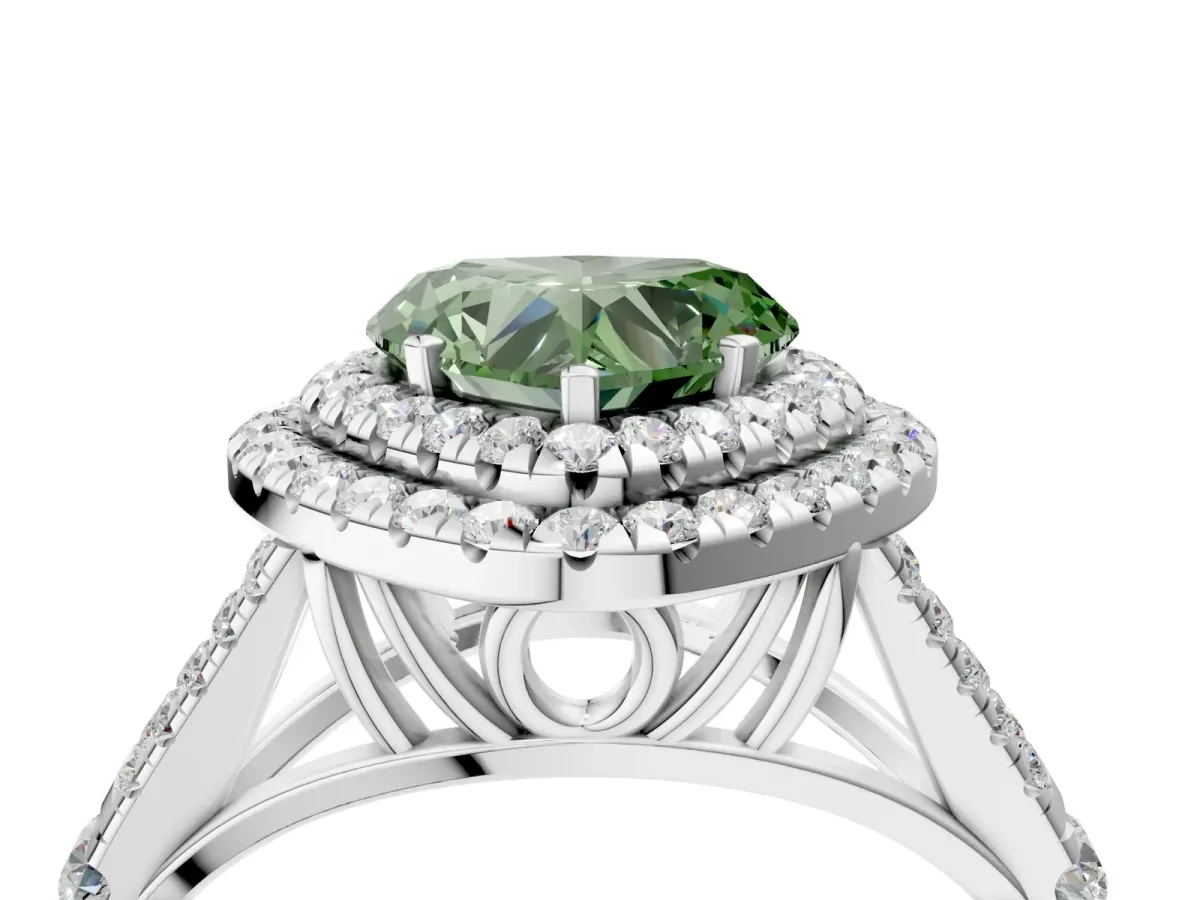 Fancy Green Heart Cut Cut Double Halo Split Shank Diamond Ring with Prong Setting Platinum