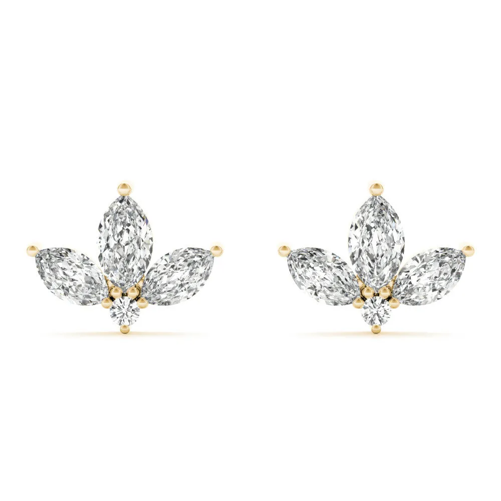 Marquise Cluster Stud Earrings with Round Prong Setting Yellow gold