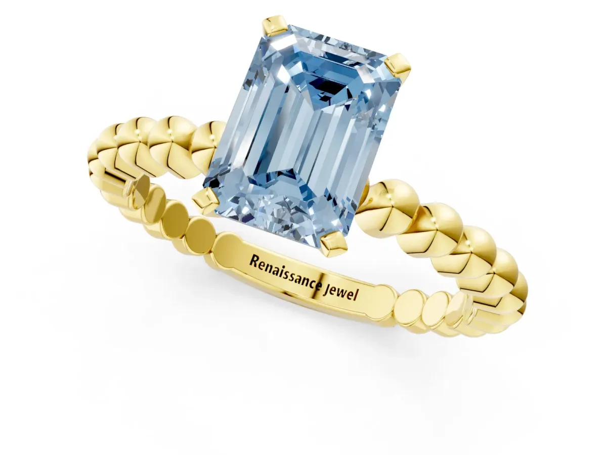 Fancy Blue Emerald Cut Diamond Solitaire Ring with Beaded Band and Prong Setting Yellow gold