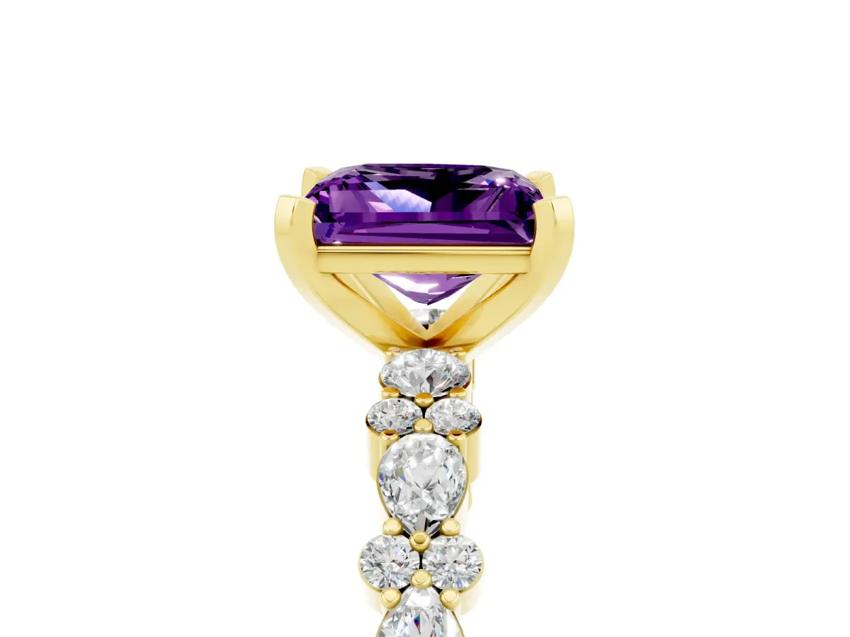 Princess Cut Amethyst Side Stone Solitaire Ring with Round and Four-Prong Setting Yellow gold