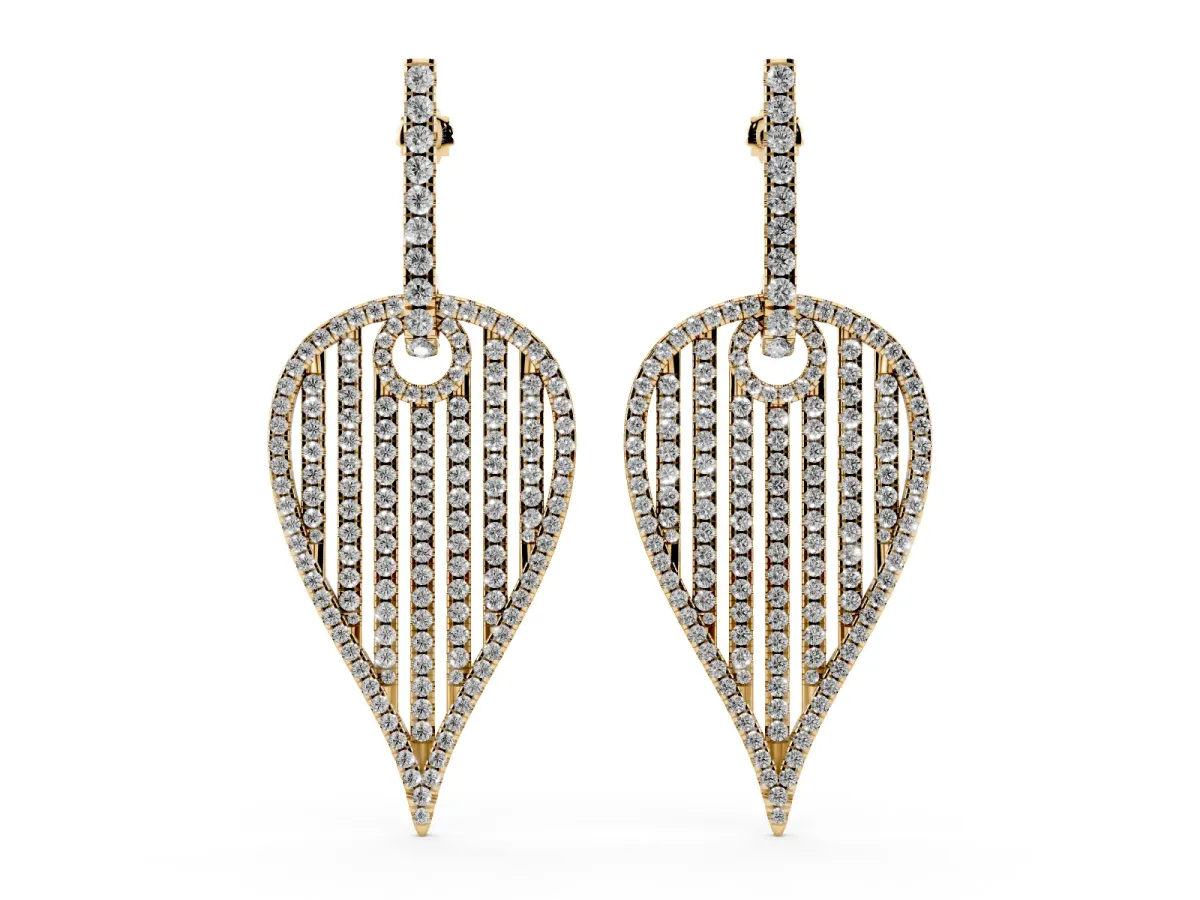 Round Diamond Striped Teardrop Statement Drop Earrings Yellow gold