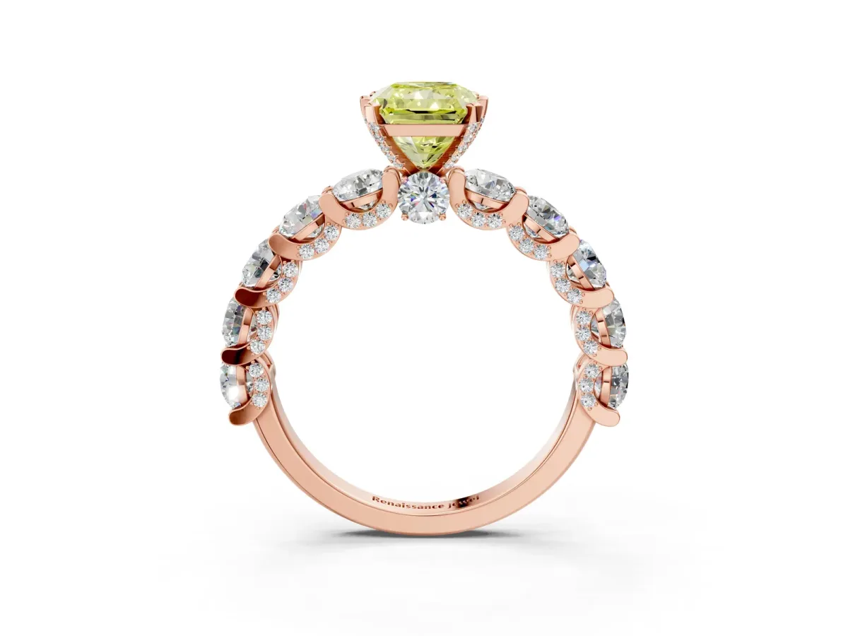 Fancy Yellow Radiant Cut Diamond Side Stone Engagement Ring with Four-Prong Setting Rose gold
