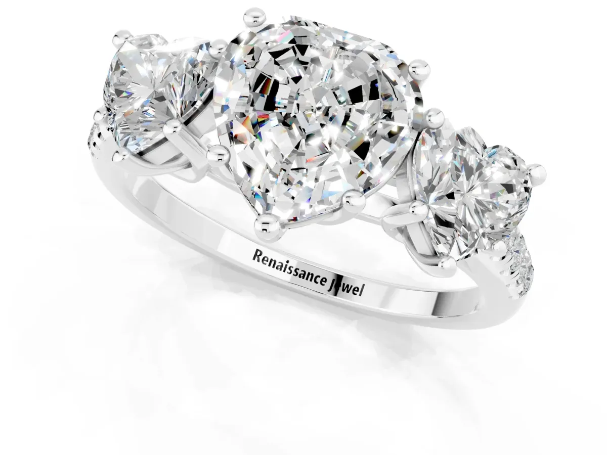 Three-Stone Heart Cut Moissanite Ring with Round Pavé Band and Prong Setting Silver
