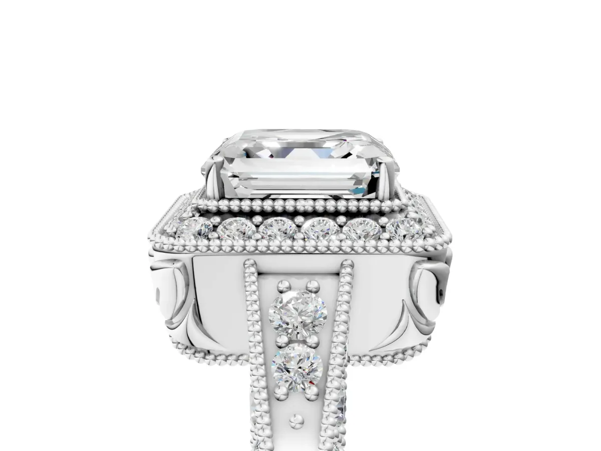 Asscher Cut Halo Diamond Split Shank Ring with Milgrain Detail Platinum