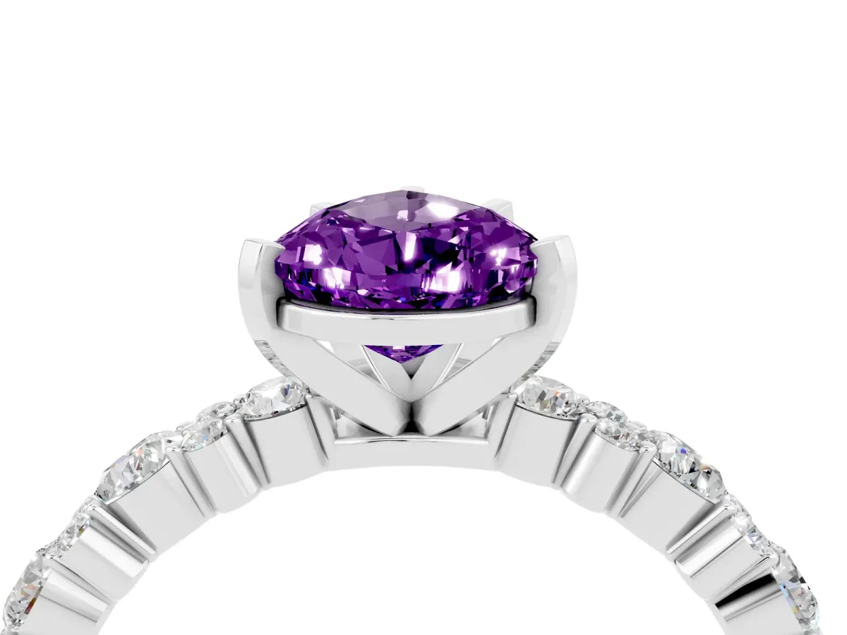 Pear Cut Amethyst Side Stone Solitaire Ring with Round and Four-Prong Setting Silver
