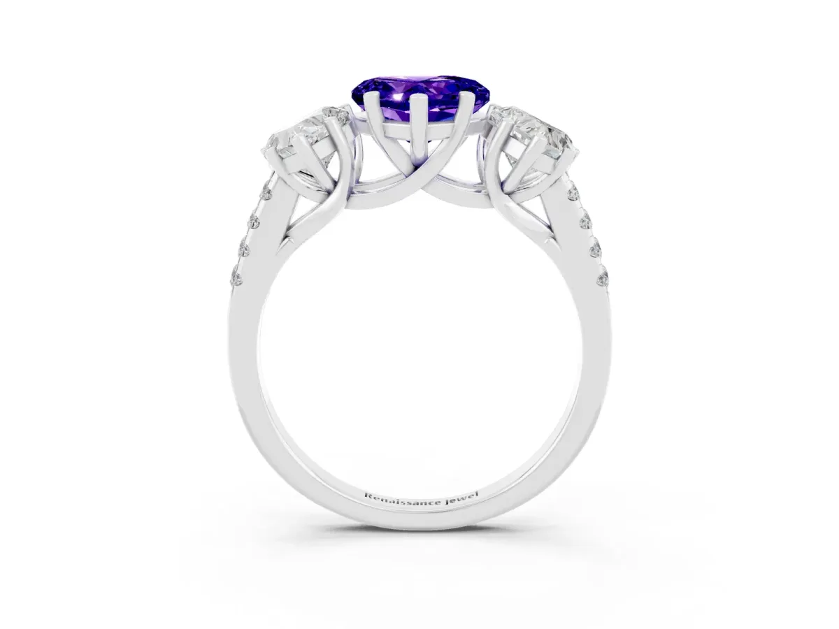 Three-Stone Heart Cut Tanzanite Ring with Round Pavé Band and Prong Setting Silver
