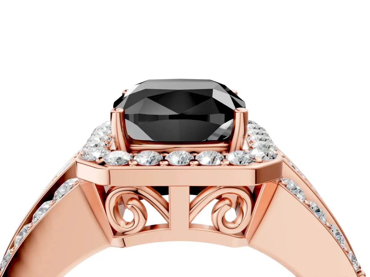 Fancy Black Cushion Cut Halo Diamond Ring with Round Split Shank and Prong Setting Rose gold