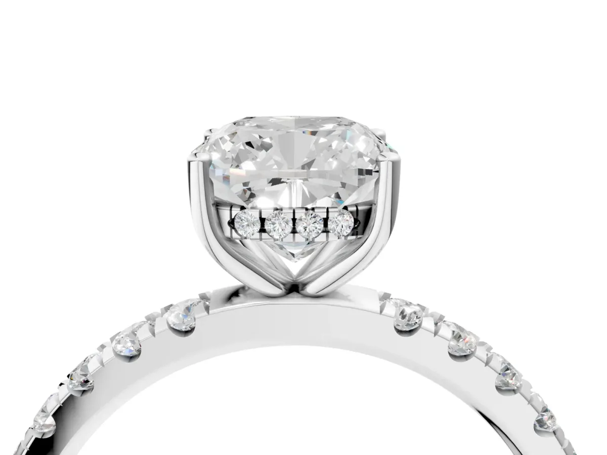 Cushion Cut Diamond Pave Band Solitaire Ring with Round Moissanite and Prong Setting Silver