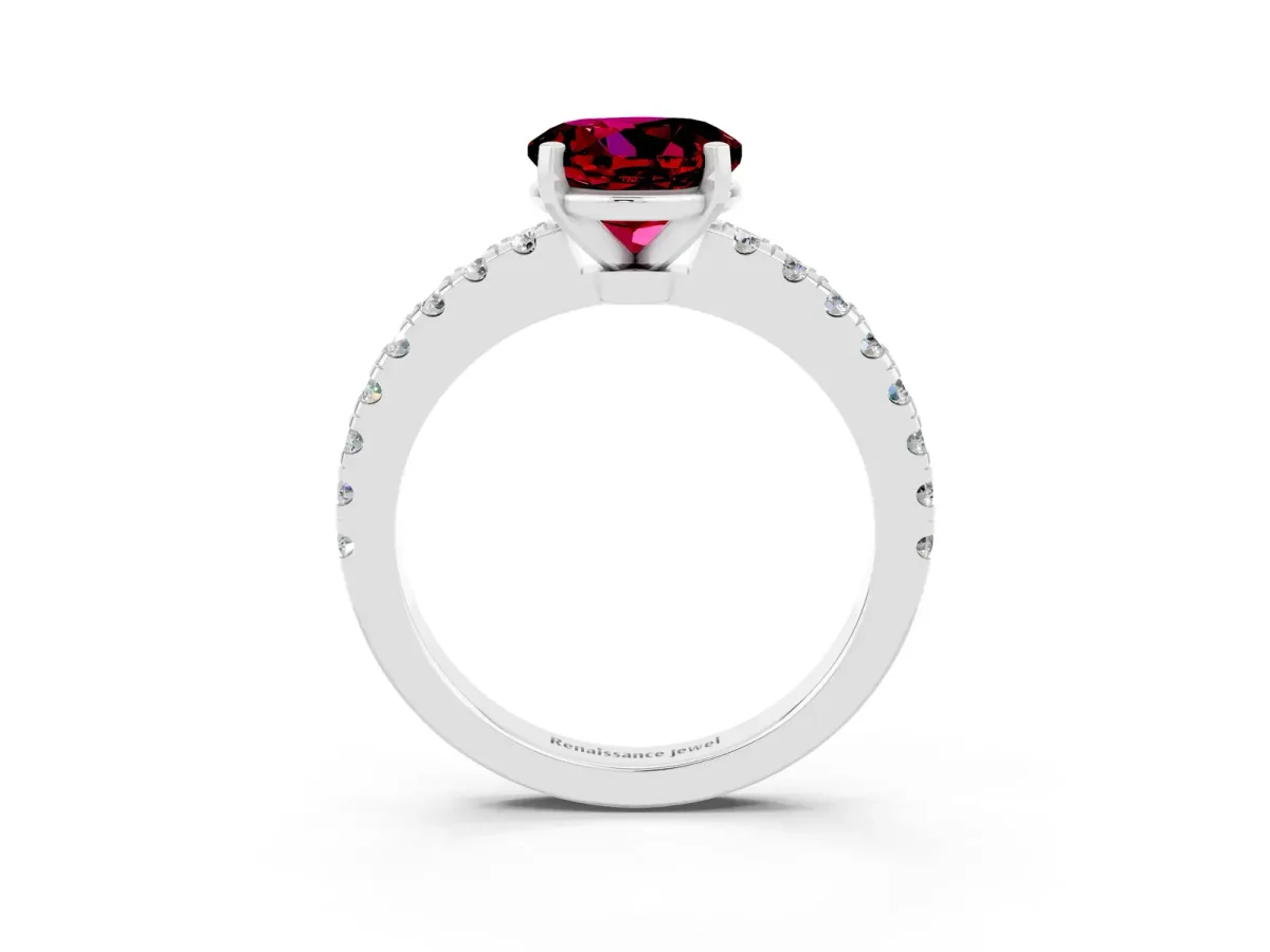 Round Cut Solitaire Garnet with Pavé Band and Four-Prong Setting Silver