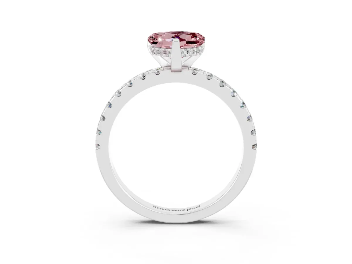 Heart Cut Morganite Solitaire Ring with Round Pavé Band and Four-Prong Setting Silver