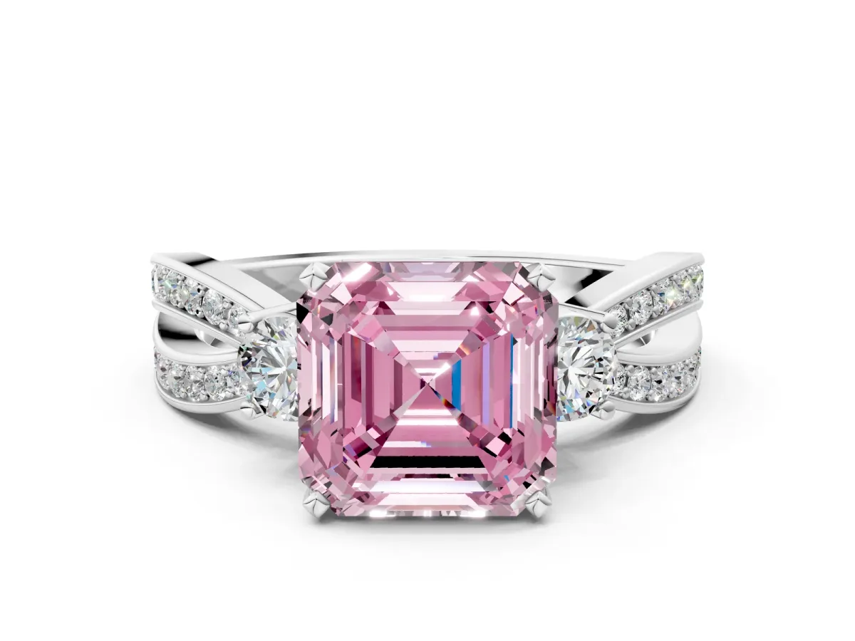 Fancy Pink Three-Stone Asscher Cut Cut Diamond Twist Band with Prong Setting Platinum