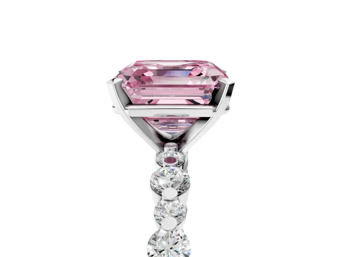Fancy Pink Asscher Cut Diamond Prong Set Engagement Ring with Pavé Band Platinum