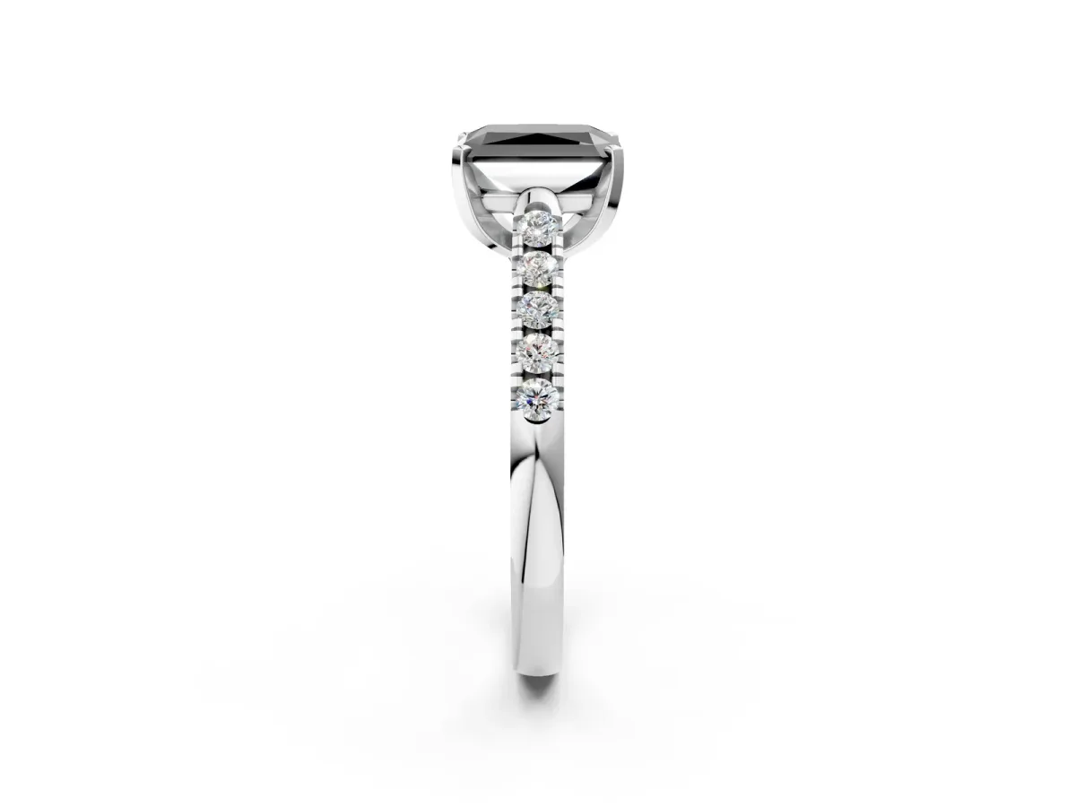 Fancy Black Radiant Cut Diamond Pavé Band Solitaire Ring with Prong Setting Platinum