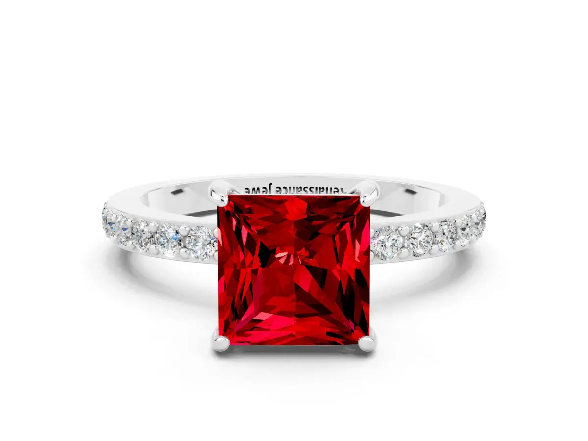 Princess Cut Ruby Solitaire Engagement Ring with Pavé Band and Four-Prong Setting Silver