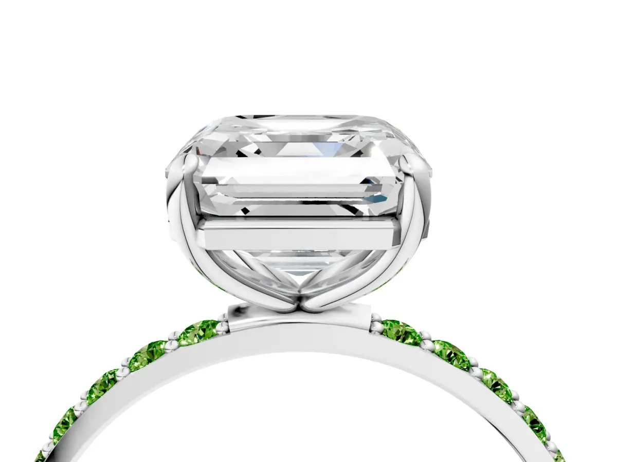 Asscher Cut Diamond Solitaire Ring with Round Peridot Pavé Band and Prong Setting Silver