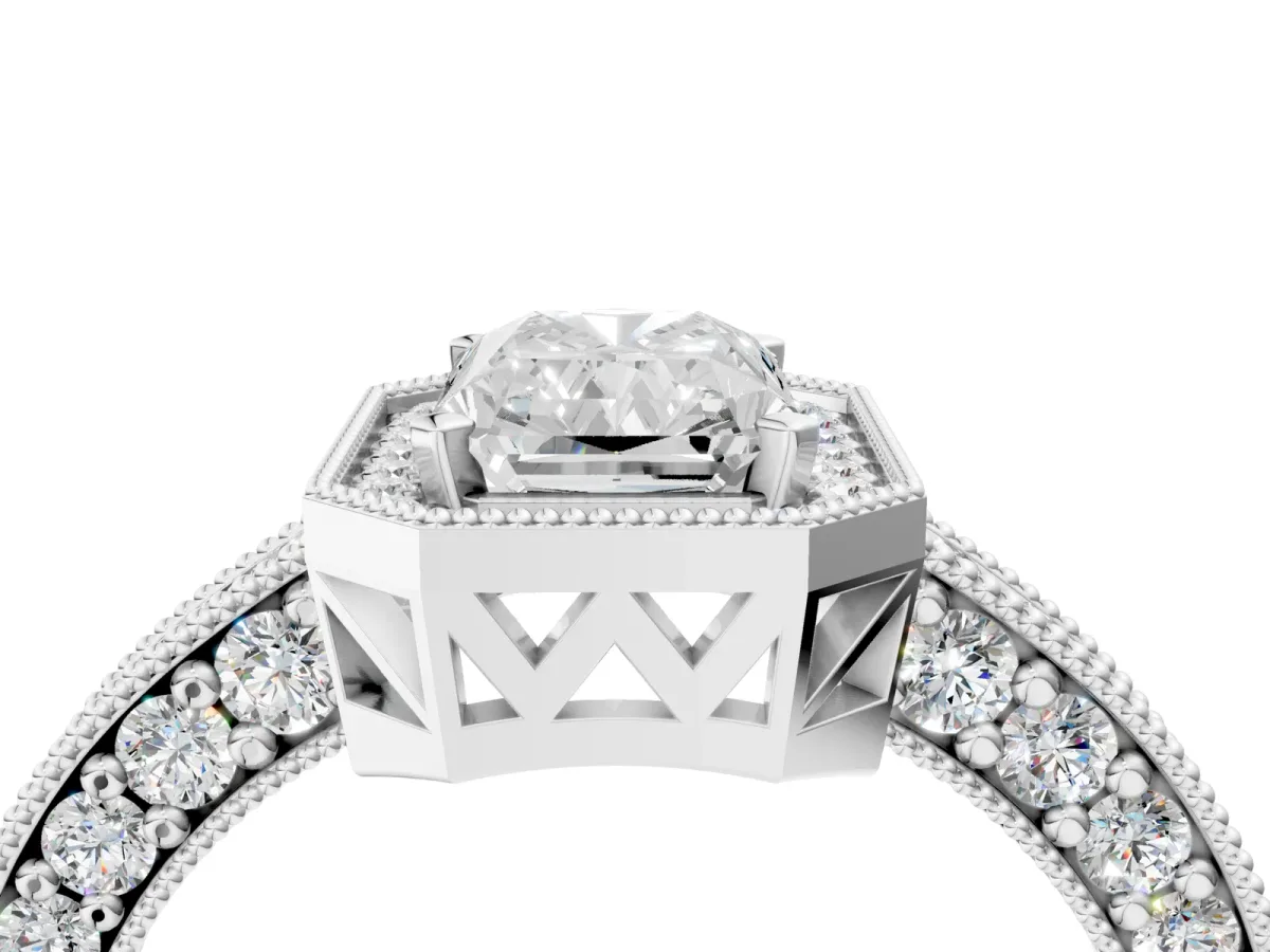 Radiant Cut Cut Halo Diamond Pave Band Ring with Four-Prong Setting Platinum