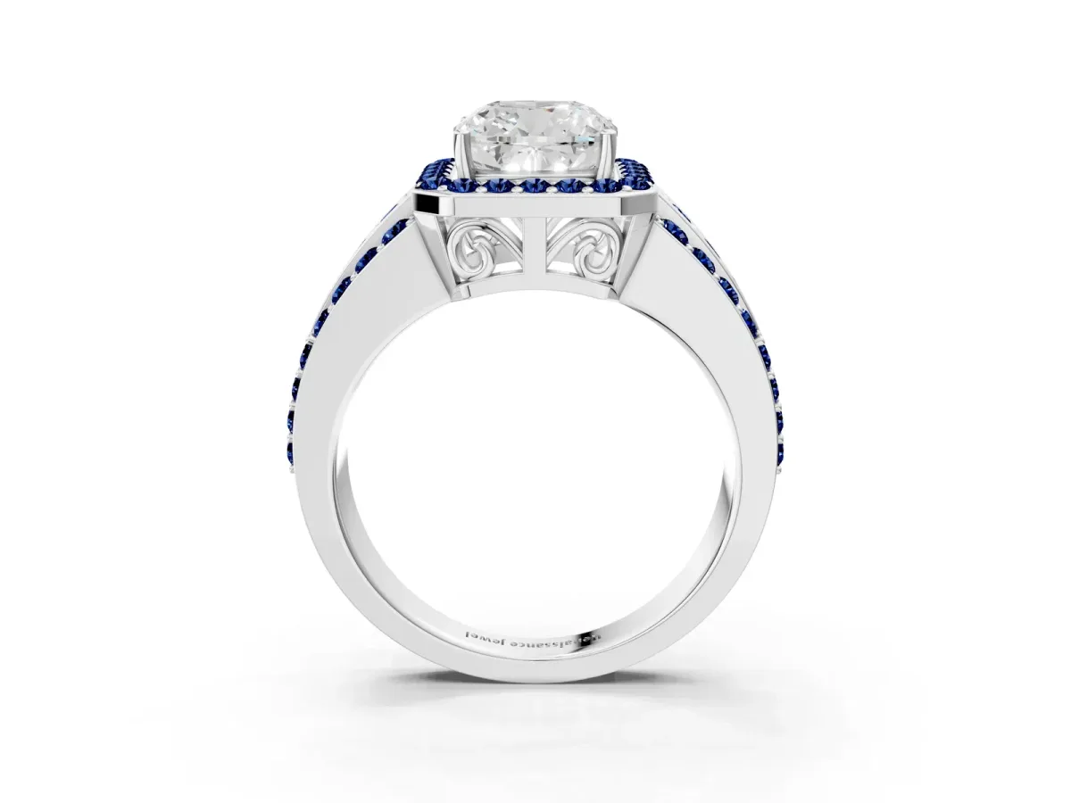 Cushion Cut Halo Diamond Ring with Round Blue Sapphire Split Shank and Prong Setting Silver