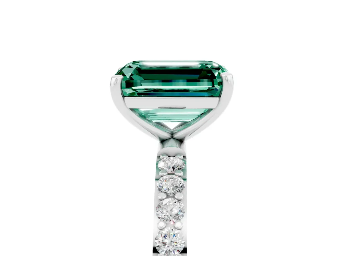Emerald Cut Green Sapphire Solitaire Ring with Round Pavé Band and Prong Setting Platinum