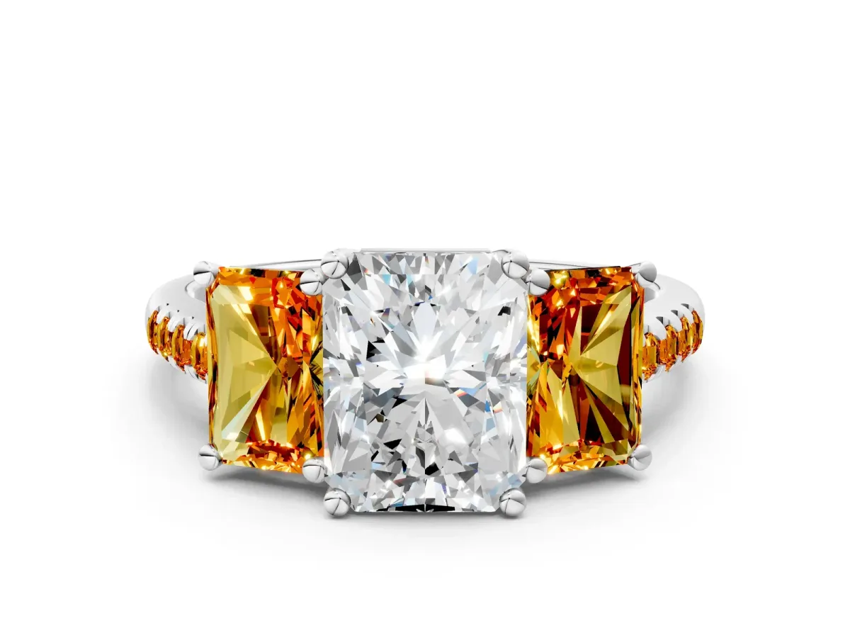 Three-Stone Radiant Cut Diamond Ring with Round Citrine Pavé Band and Prong Setting Silver