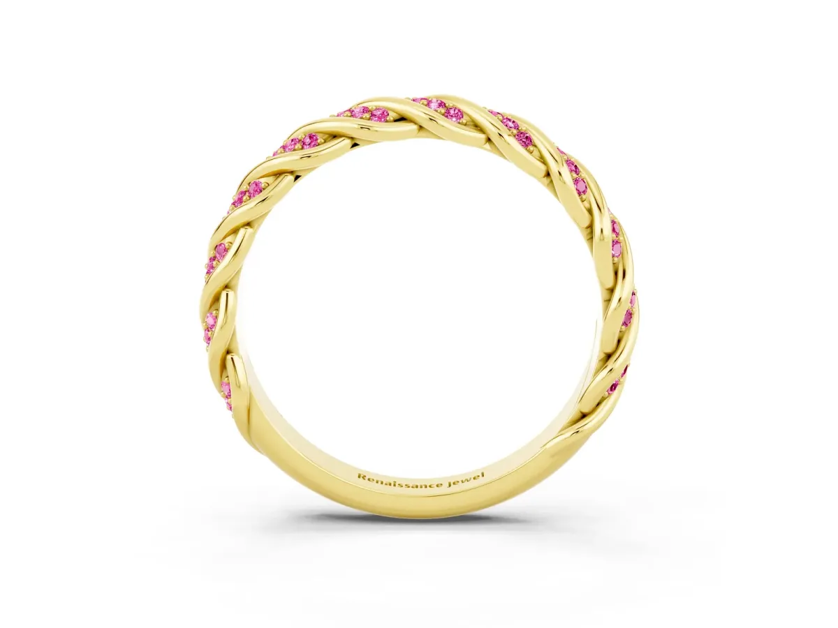 Twisted Pavé Round Pink Sapphire Eternity Band with Shared Prong Setting Yellow gold