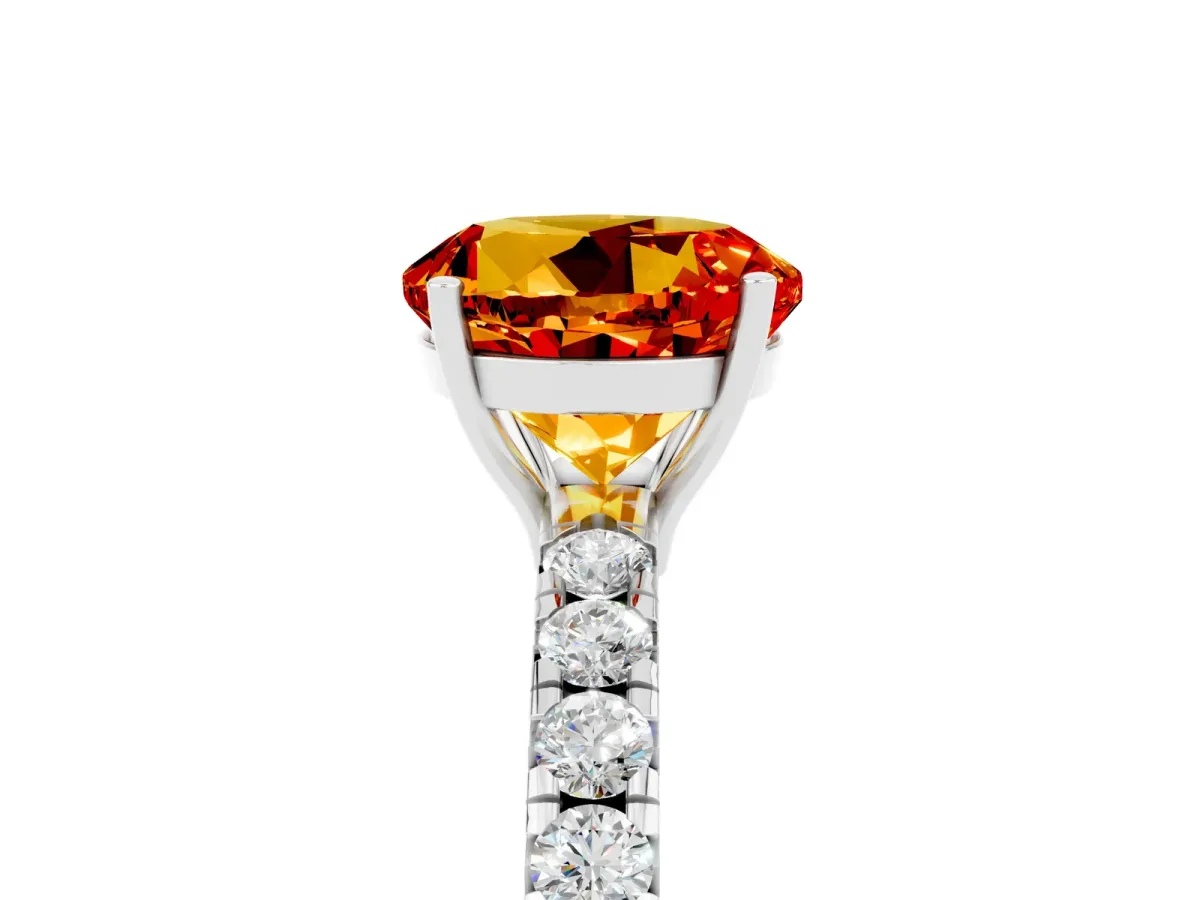 Round Cut Citrine Pavé Solitaire Engagement Ring with Four-Prong Setting Silver
