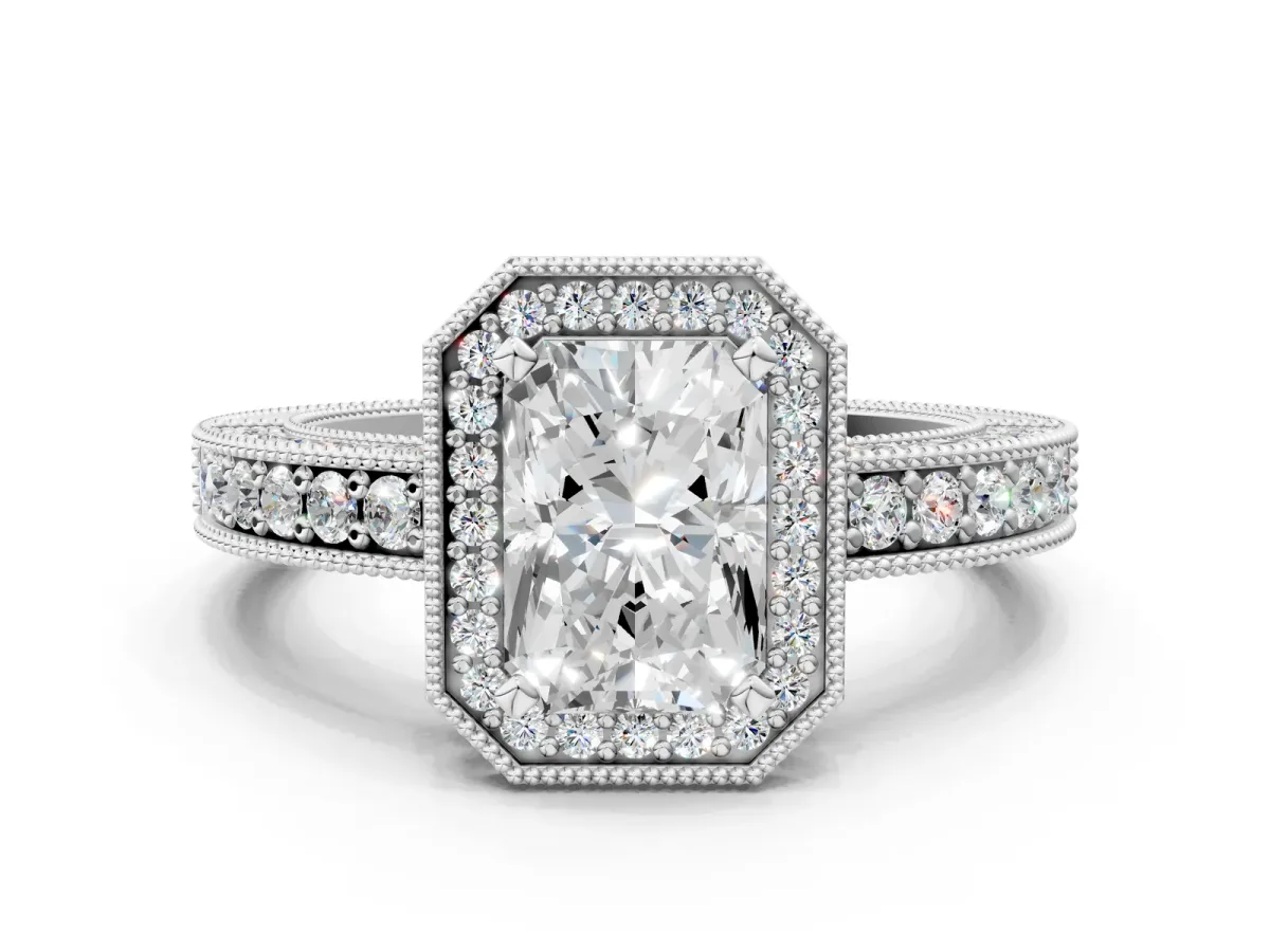 Radiant Cut Cut Halo Diamond Pave Band Ring with Four-Prong Setting Platinum