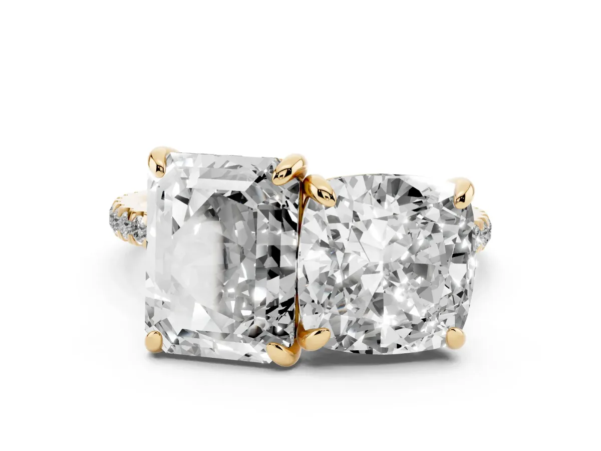 Cushion and Emerald Toi Moi Ring with Prong Setting and Micro Pave Band Yellow gold