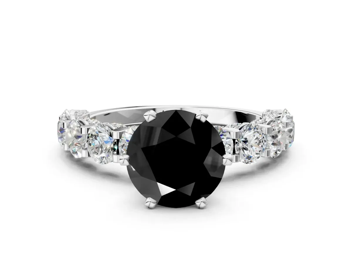 Fancy Black Round Cut Diamond Side Stone Engagement Ring with Four-Prong Setting White gold