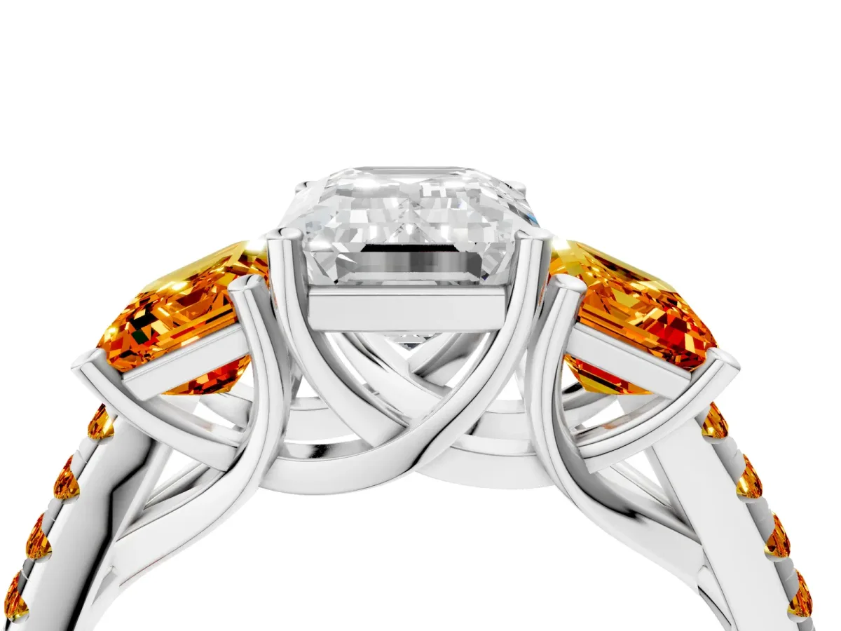 Three-Stone Emerald Cut Diamond Ring with Round Citrine Pavé Band and Prong Setting Platinum