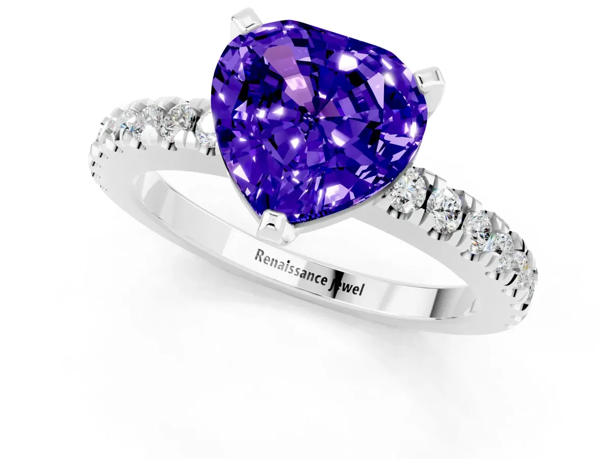 Heart Cut Solitaire Tanzanite with Pavé Band and Four-Prong Setting Silver