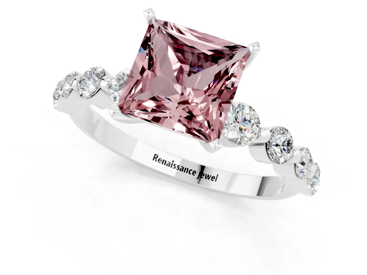 Princess Cut Solitaire Morganite Ring with Pave Band and Four-Prong Setting Silver