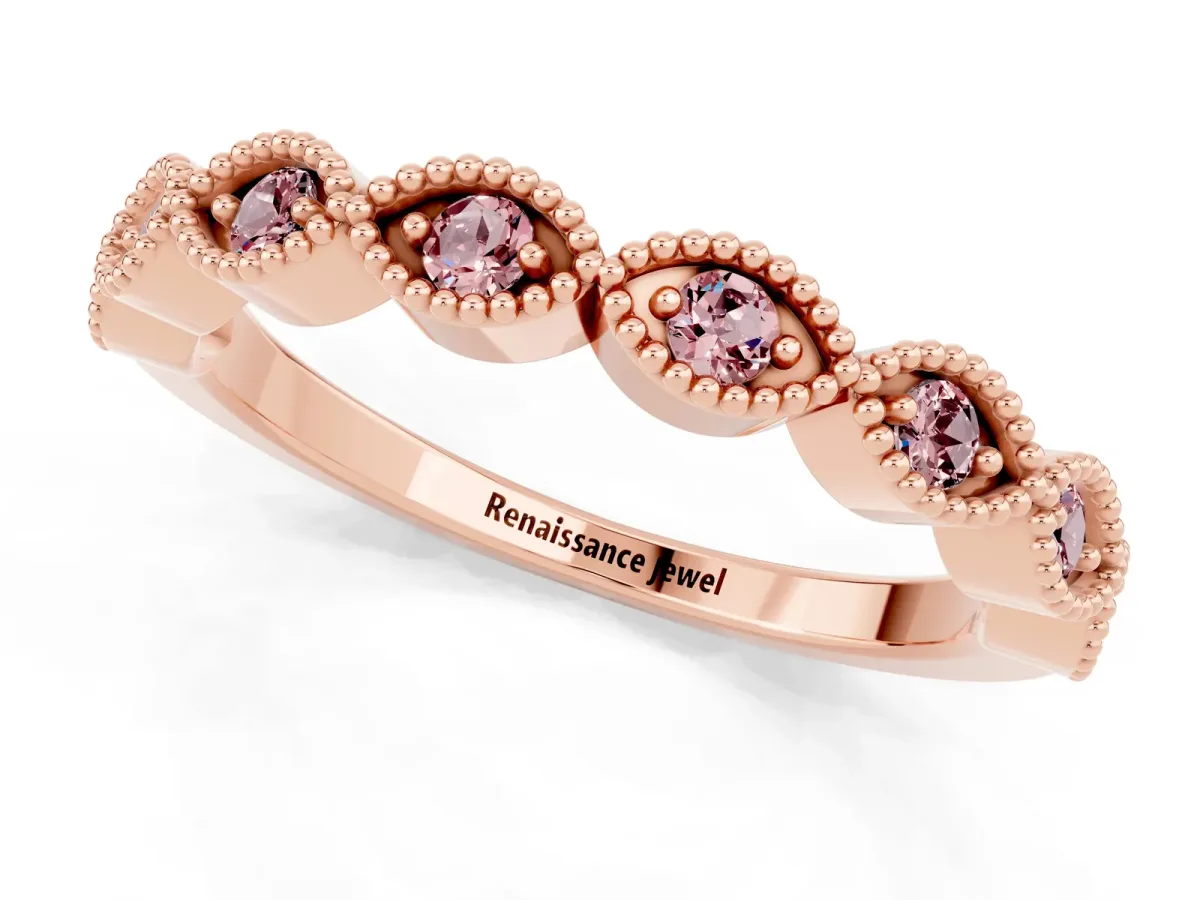 Milgrain Marquise Morganite Half Eternity Band with Bezel Setting Rose gold