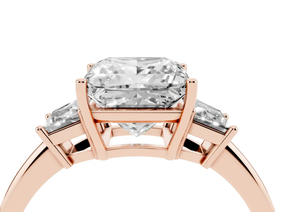 Princess Cut Diamond Three-Stone Ring with Trapezoid Side Stones and Prong Setting Rose gold