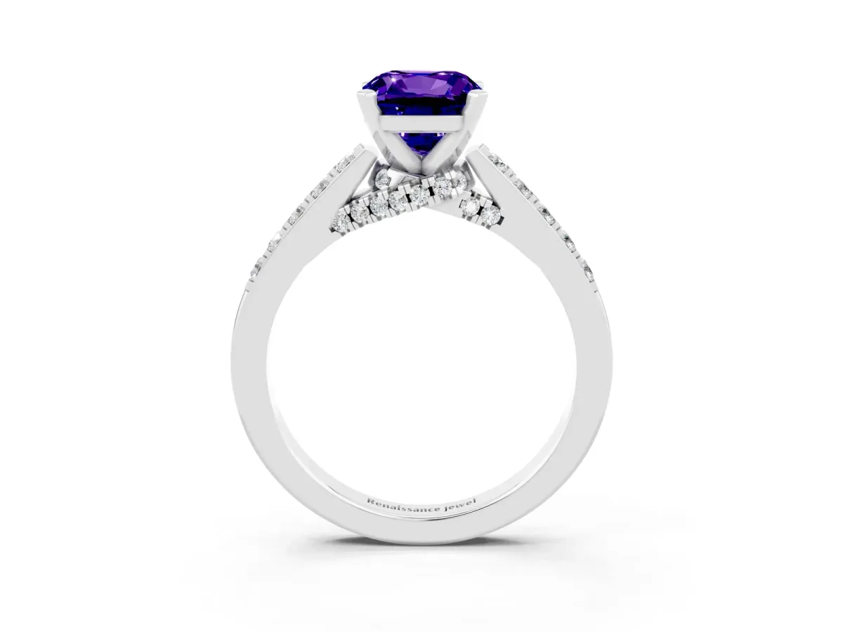 Cushion Cut Tanzanite Solitaire Ring with Crossover Gallery and Round Pavé Band Silver