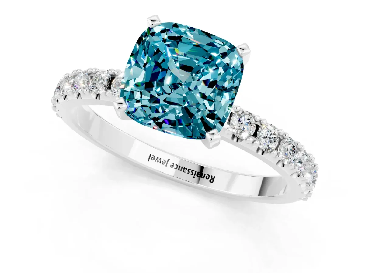 Cushion Cut Blue Topaz Solitaire Pavé Band with Four-Prong Setting Silver