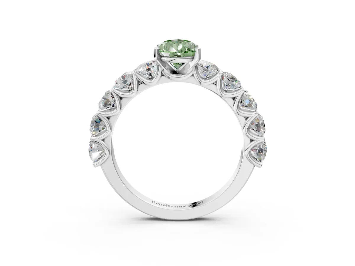 Fancy Green Pear Cut Diamond Prong Setting with Side Stones on a Pave Band Silver