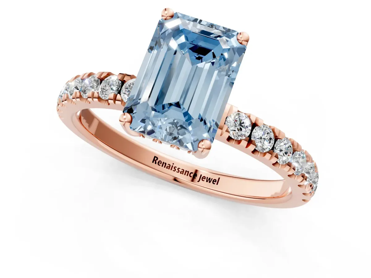 Fancy Blue Emerald Cut Diamond Pave Band Solitaire Ring with Round and Prong Setting Rose gold