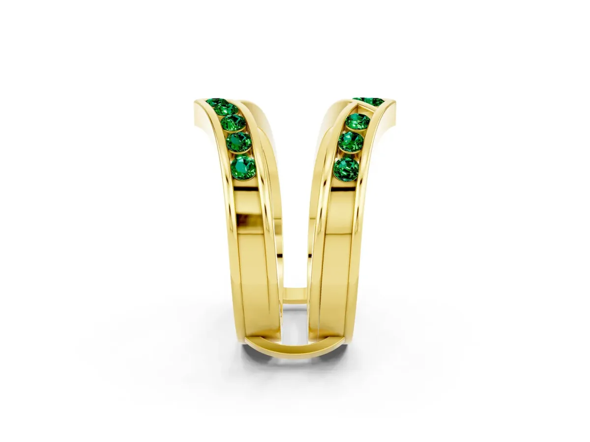 Round Emerald Channel-Set Chevron Band Yellow gold