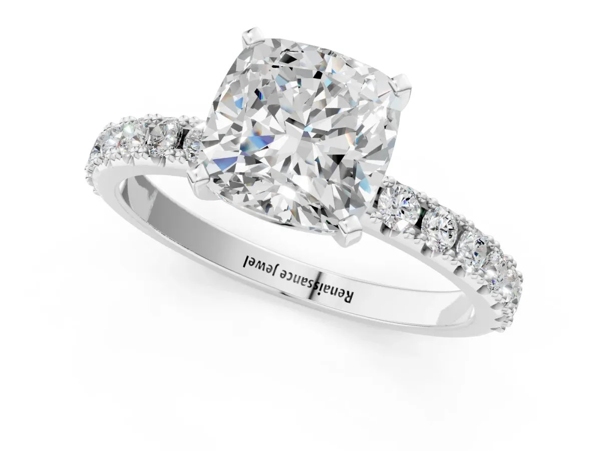 Cushion Cut Diamond Solitaire Pavé Band with Four-Prong Setting White gold