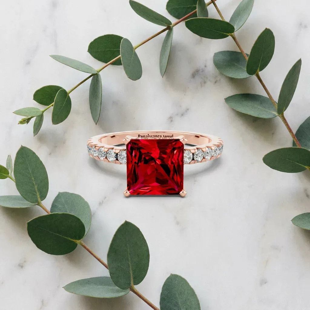 Princess Cut Ruby Solitaire Ring with Round Pavé Band and Four-Prong Setting Rose gold