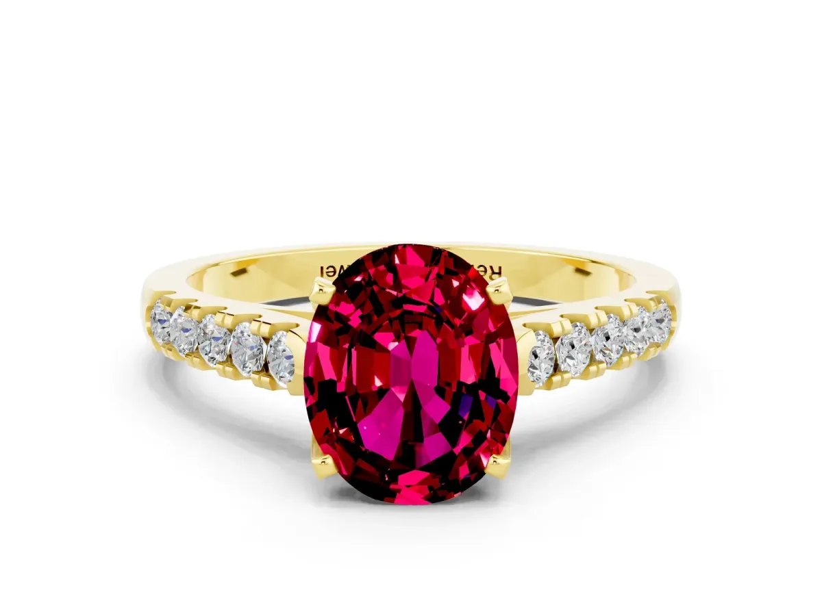 Oval Cut Garnet Pavé Band Solitaire Ring with Prong Setting Yellow gold