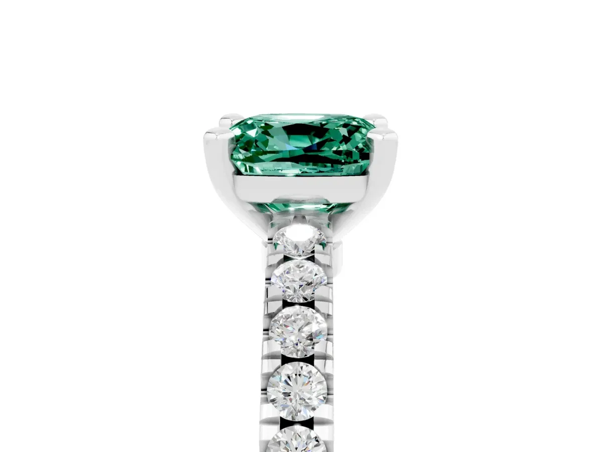 Cushion Cut Solitaire Green Sapphire with Pavé Band and Four-Prong Setting Silver