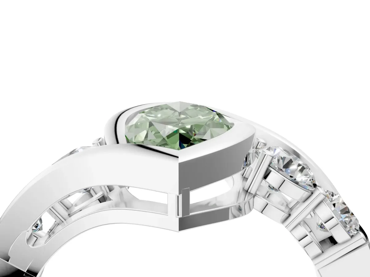 Fancy Green Bezel Set Marquise Cut Diamond Bypass Ring with Round Accents Silver
